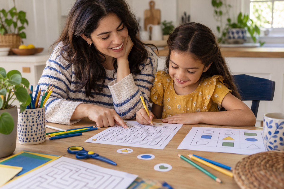 Escena ilustrativa de una mamá y su hija explorando un laberinto impreso en casa